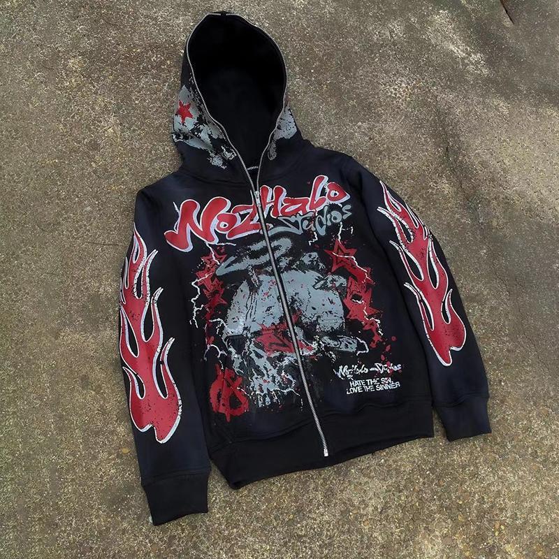 Retro Hellfire Death Skull Graphic Print Zip-Up Hoodie Product Image