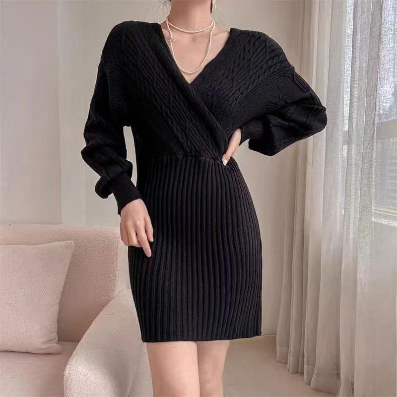 Long-Sleeve V-Neck Plain Wrap Cable Knit Mini Sweater Dress Product Image