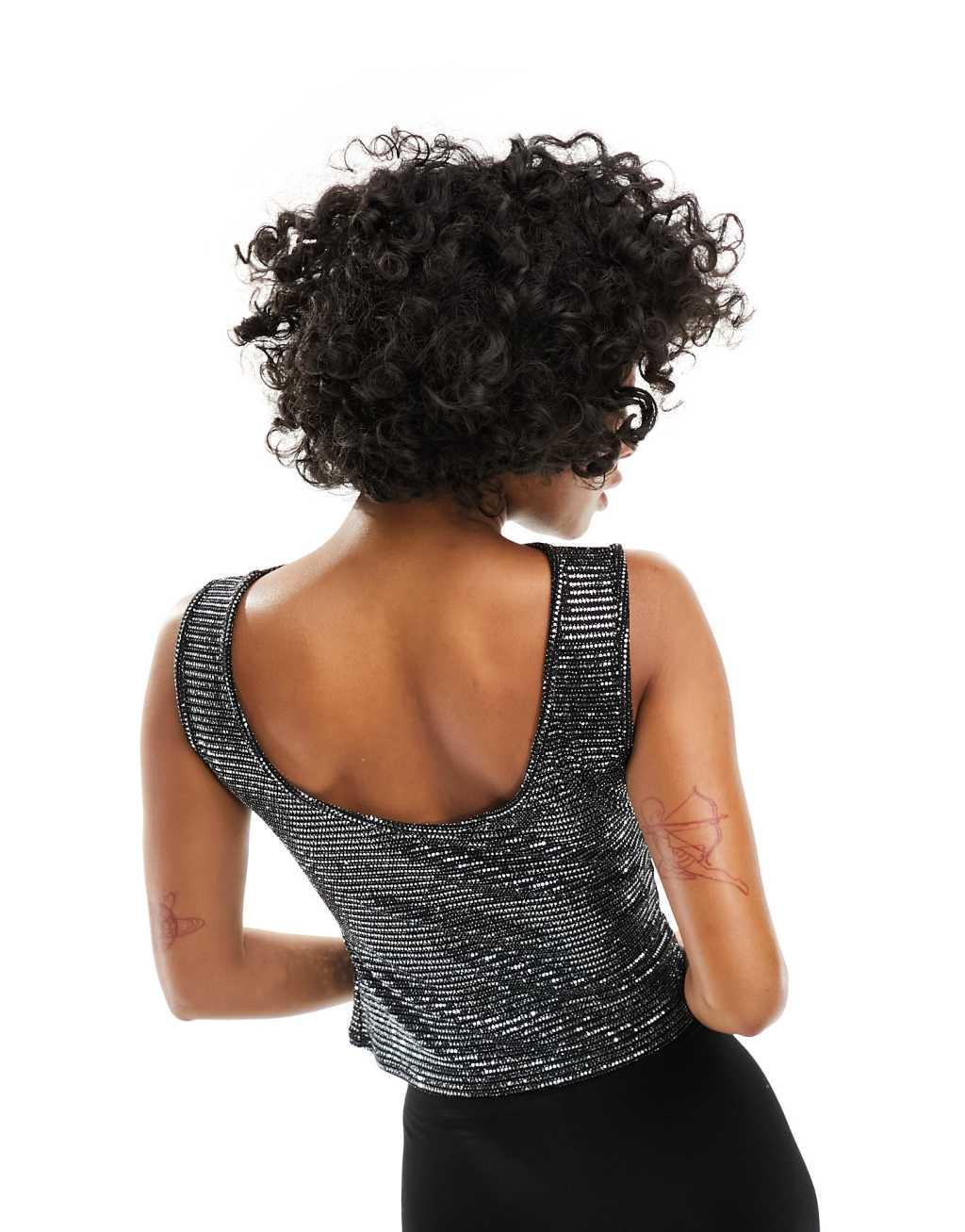 COLLUSION slash neck shimmer tank top in gray Product Image