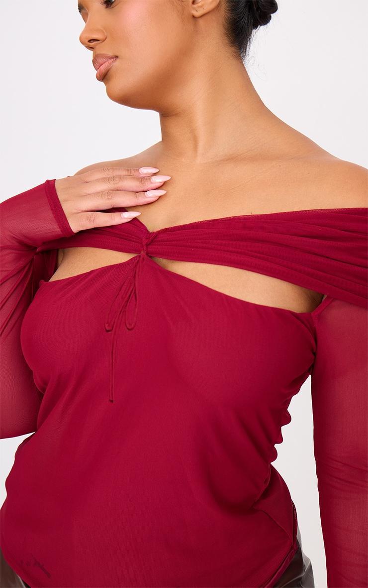 Plus Burgundy Cut Out Bardot Long Sleeve Top Product Image