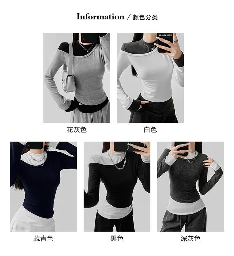 Mock Two-Piece Long-Sleeve High Neck Two-Tone Tee Product Image