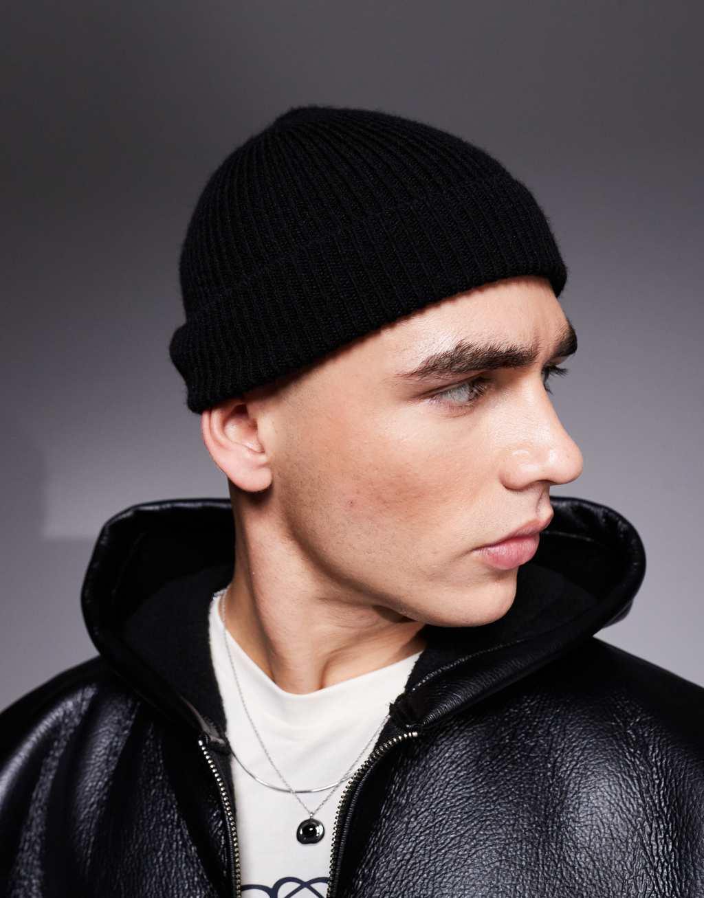 ASOS DESIGN mini fisherman ribbed beanie in black Product Image