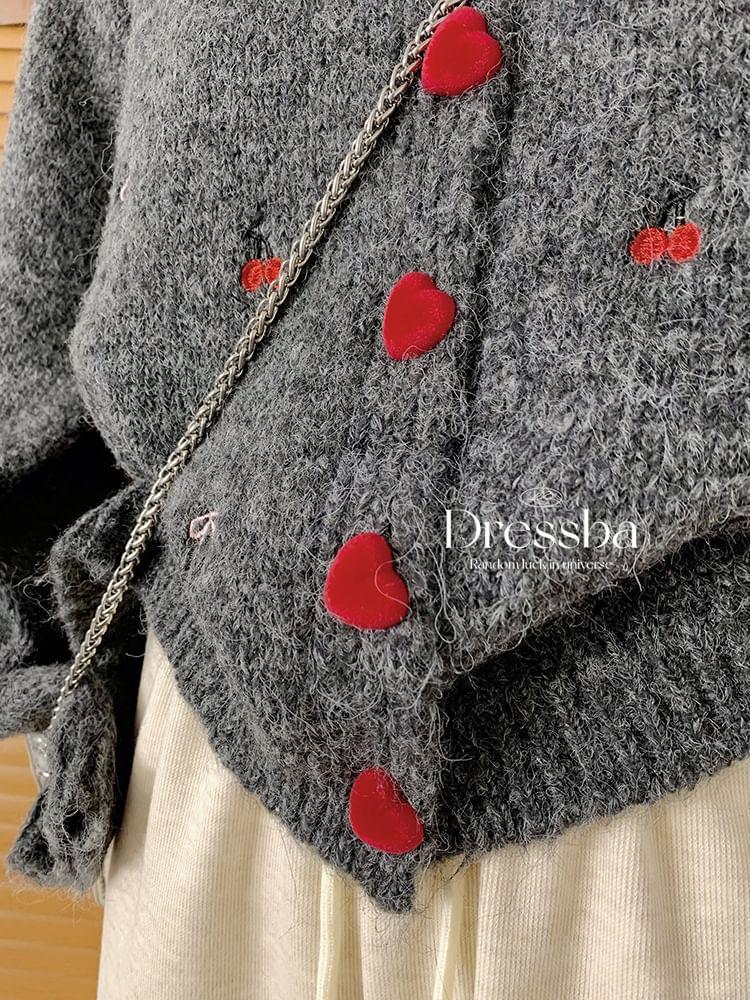 Round Neck Cherry Embroidered Heart Button Cardigan Product Image