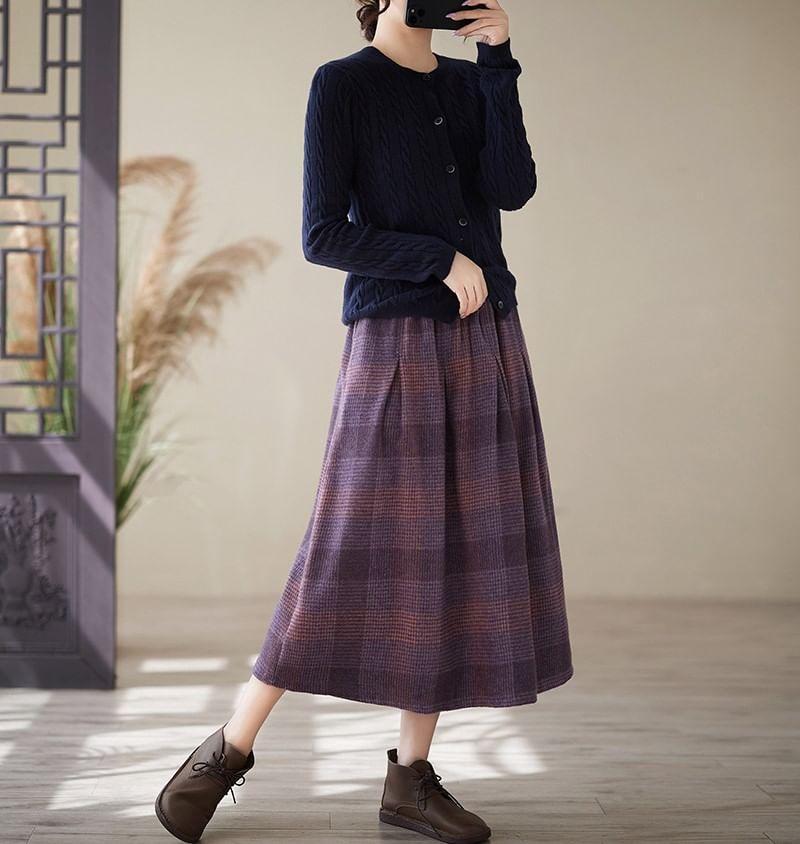 Elastic Waist Plaid Midi A-Line Skirt Product Image