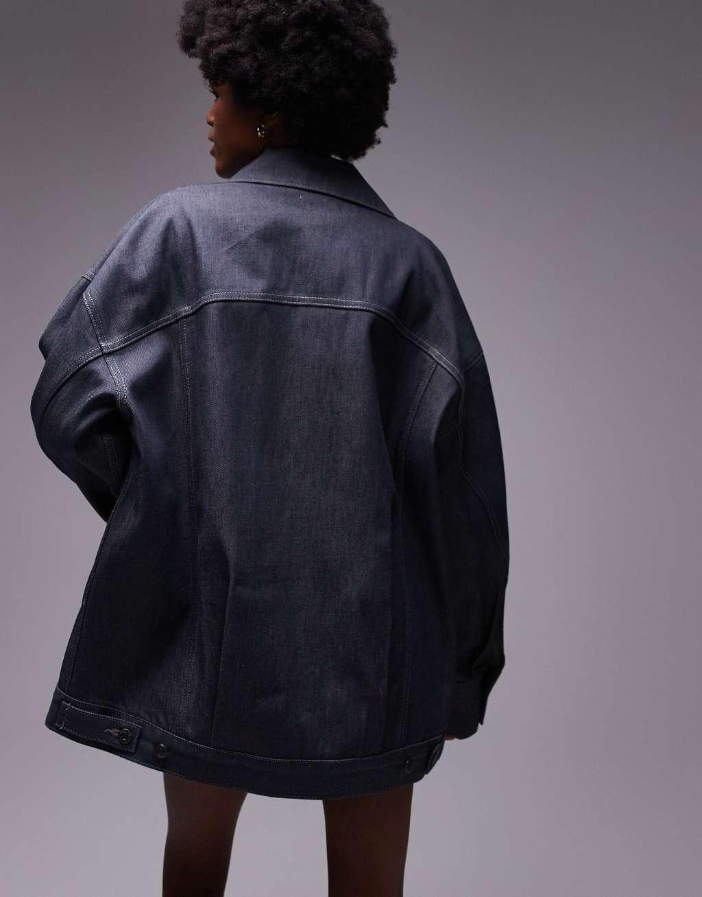 Topshop denim longline balloon jacket in raw gray Product Image