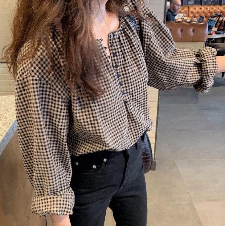 Long-Sleeve Collar-Neck Plaid Blouse Product Image