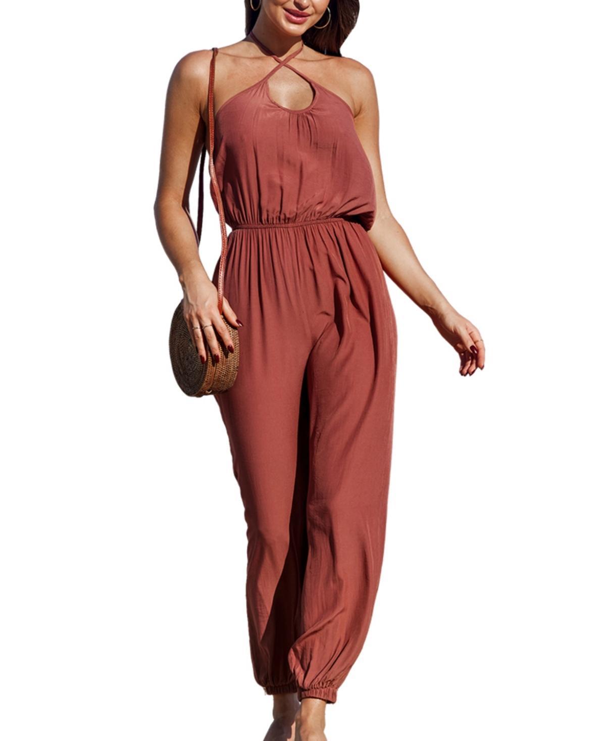 Cupshe Womens Burgundy Cross Over Halter Neck Cover-Up Jumpsuit Product Image