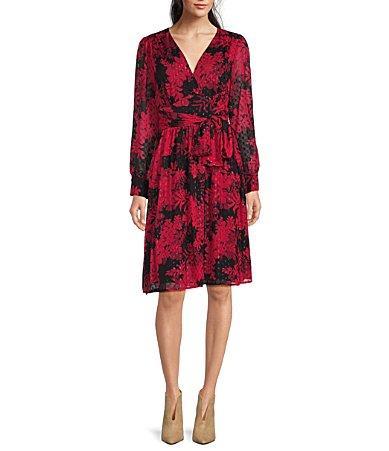 Tommy Hilfiger Long Blouson Sleeve V-Neck Glitter Dot Floral Chiffon Dress Product Image