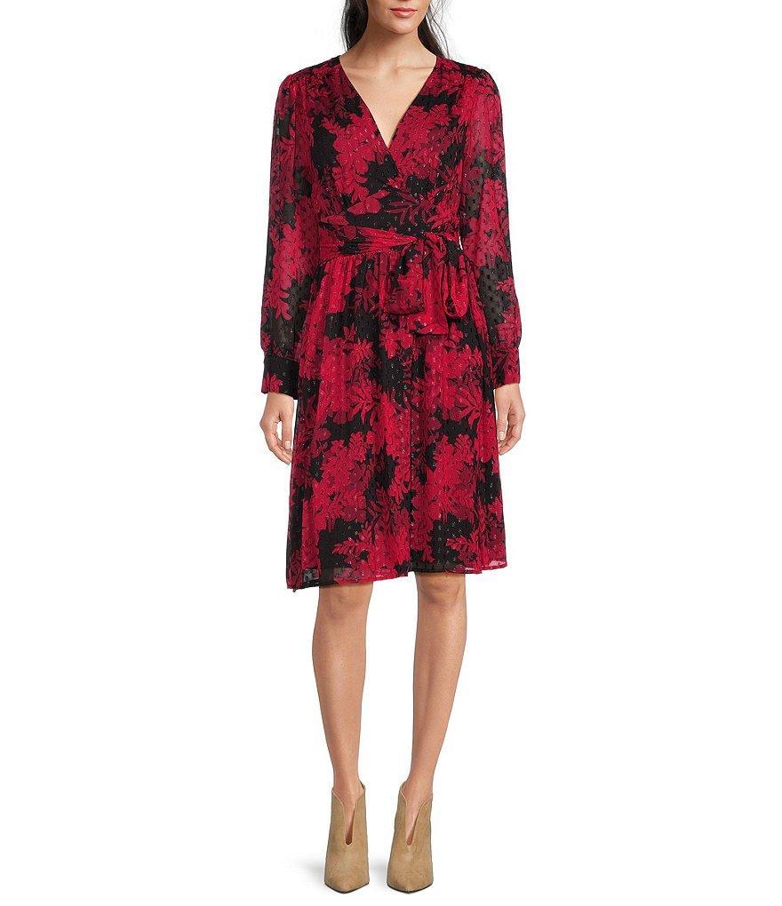 Tommy Hilfiger Long Blouson Sleeve V-Neck Glitter Dot Floral Chiffon Dress Product Image