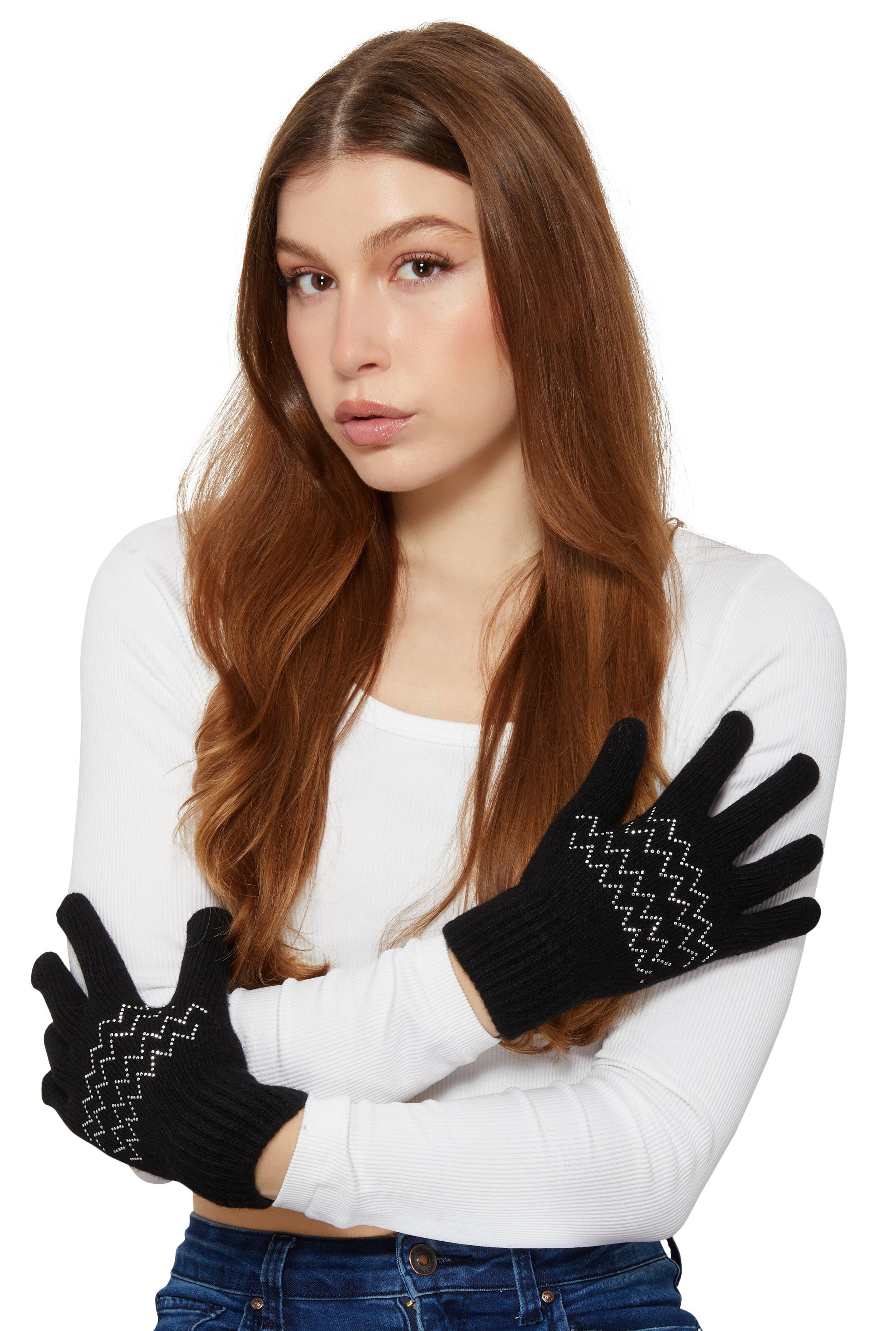 Rhinestone Chevron Detail Wool Gloves Female Product Image