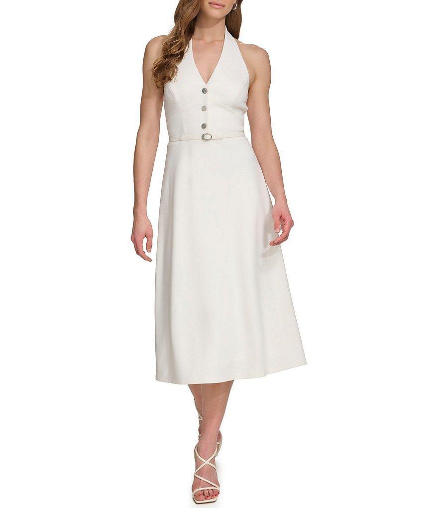 DKNY Crepe Halter V-Neck Sleeveless Belted Midi Dress Product Image