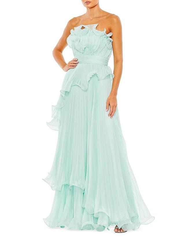 Womens Strapless Ruffled Chiffon Gown Product Image