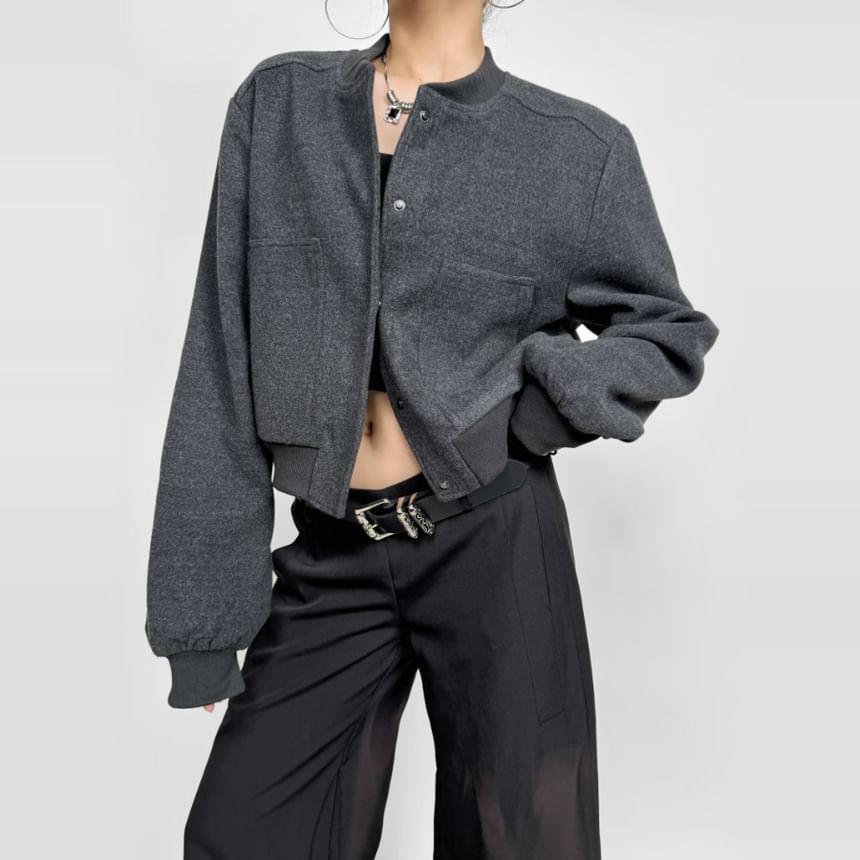 Stand Collar Plain Button-Up Crop Jacket product image