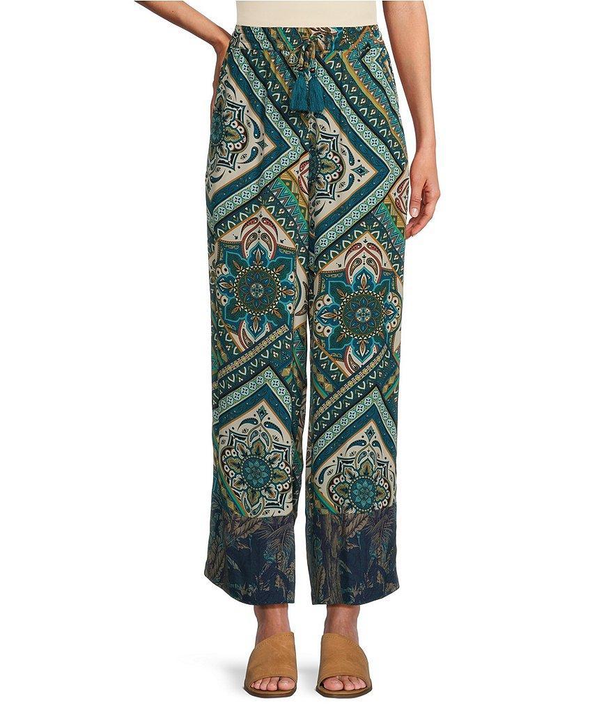 John Mark Woven Mixed Scarf Print Wide Leg Pull On Tassel Tie Pants Product Image