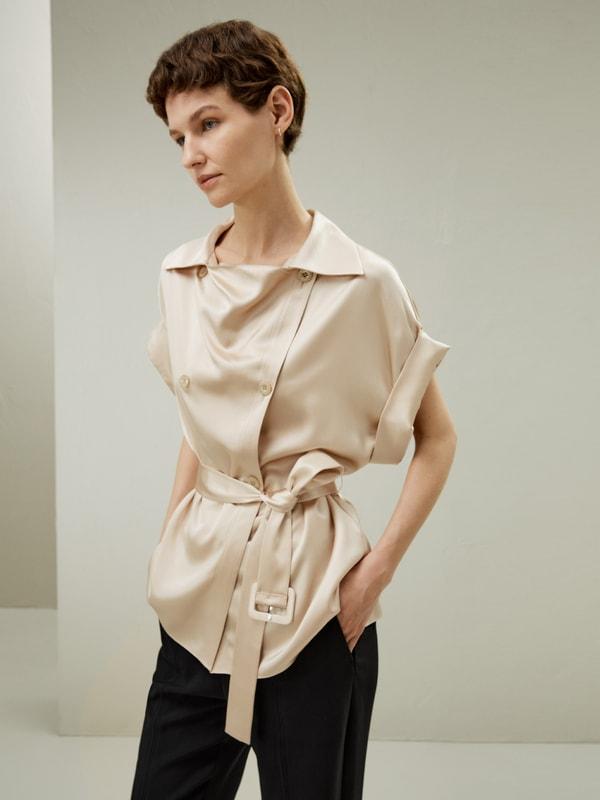 Roll-up Short Sleeves Top with Waist Belt Product Image