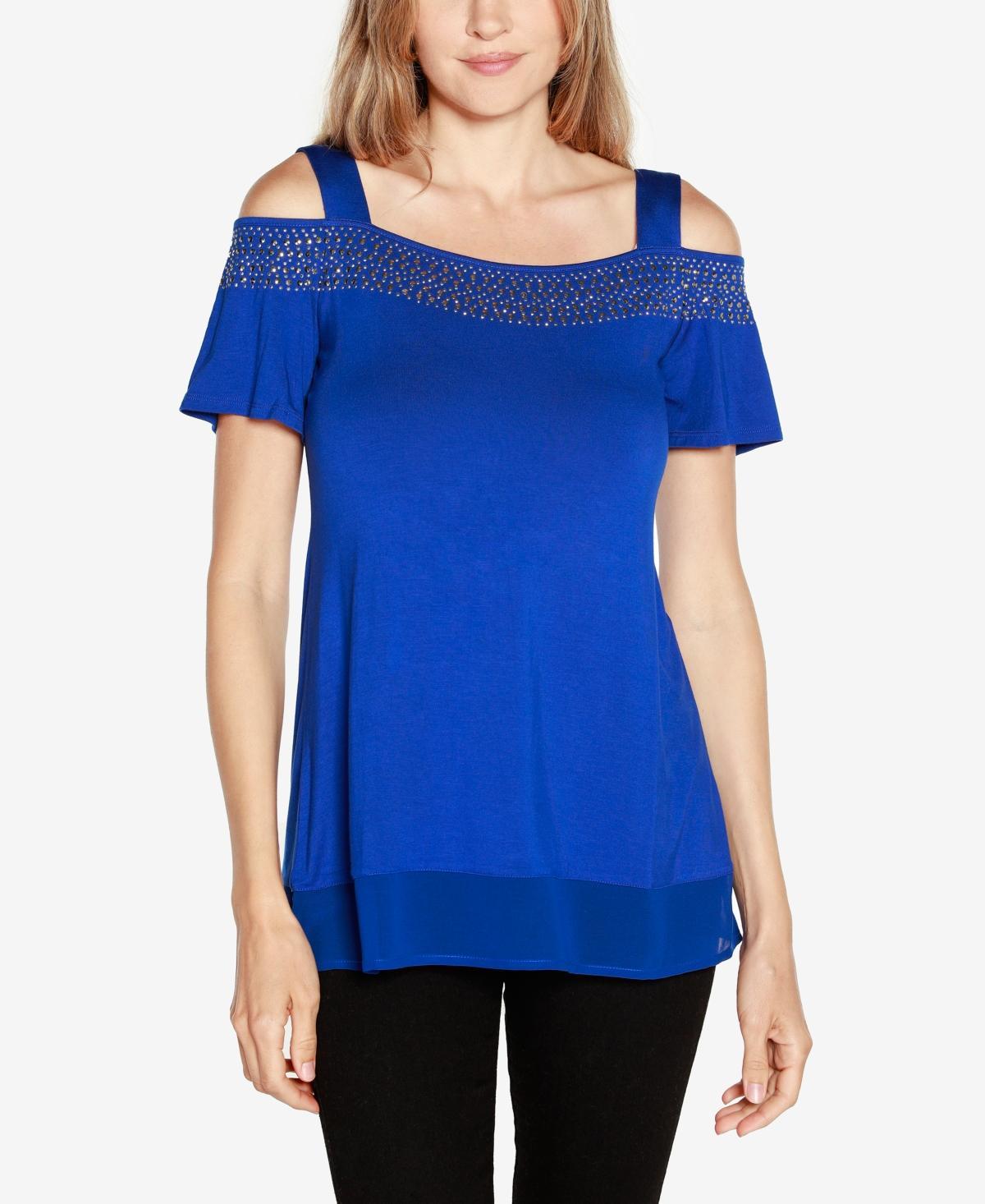 Belldini Womens Embellished Cold-Shoulder Top Product Image