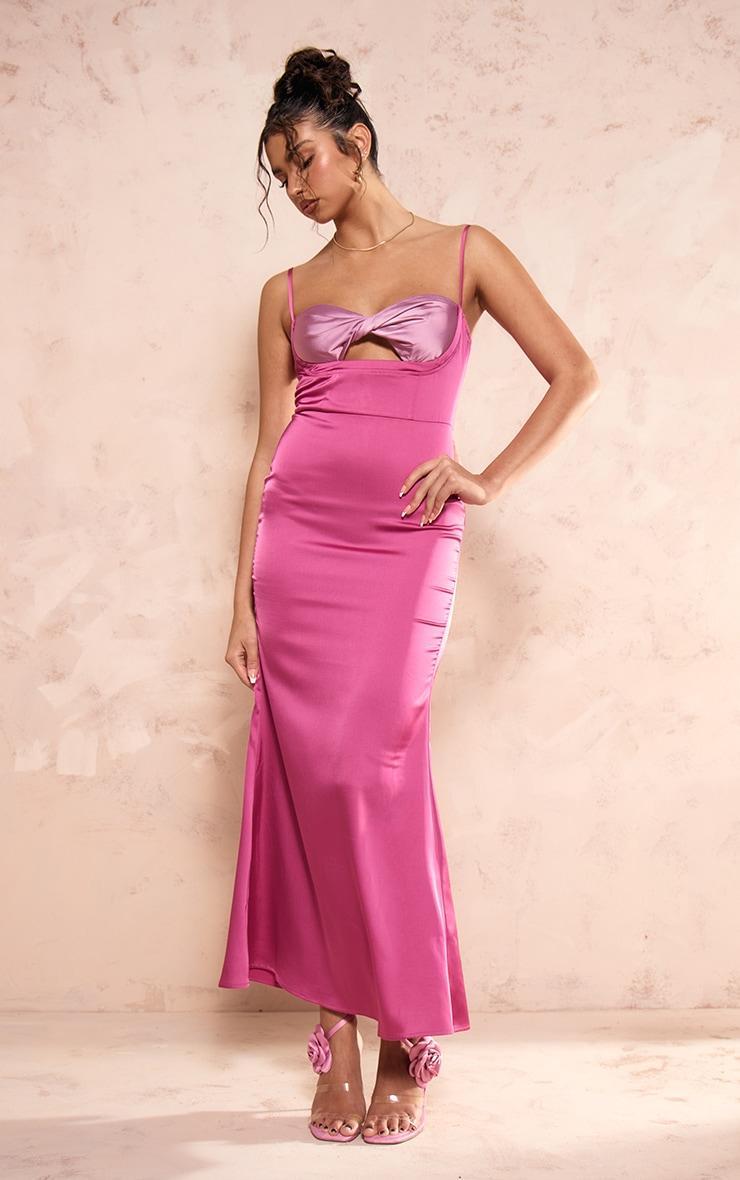 Hot Pink Satin Contrast Twist Cup Midaxi Dress product image