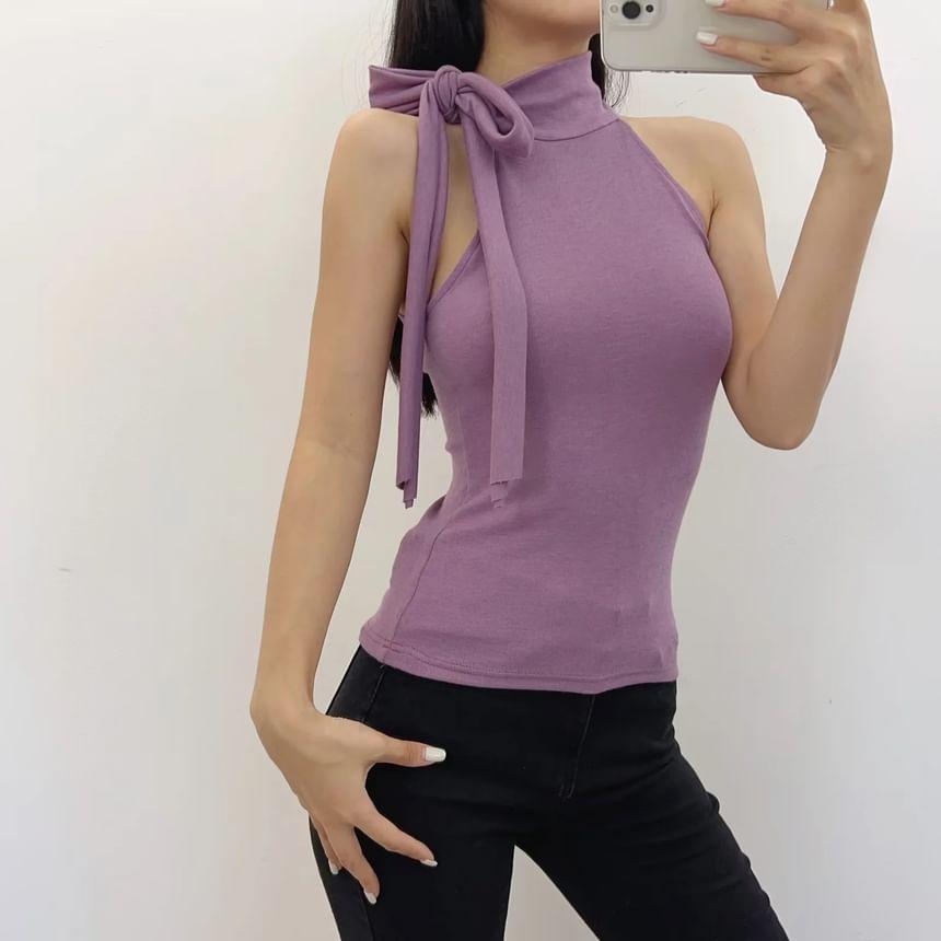 Tie-Neck Plain Slim-Fit Crop Tank Top Product Image