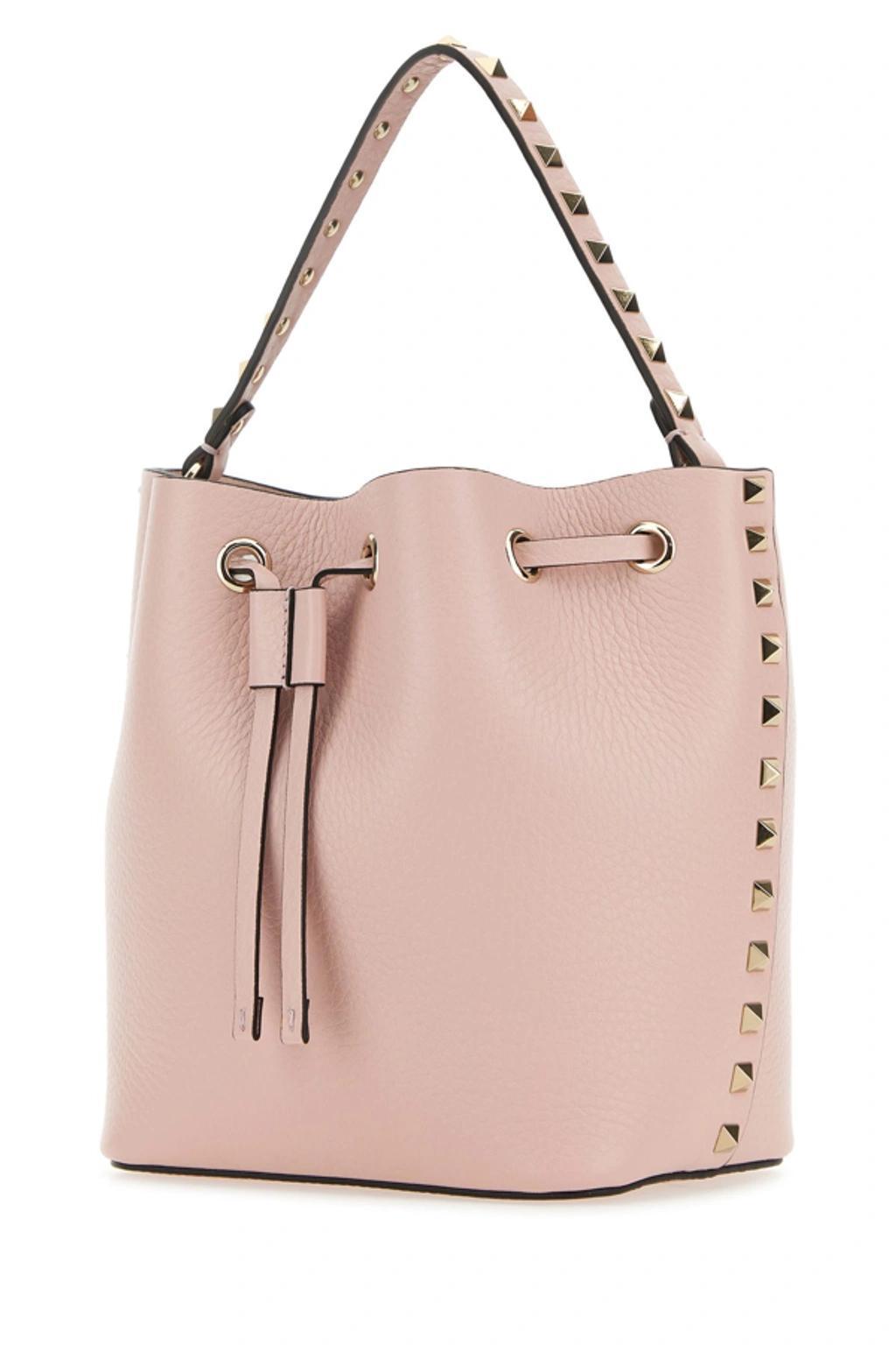 Woman Light Pink Leather Rockstud Bucket Bag Product Image