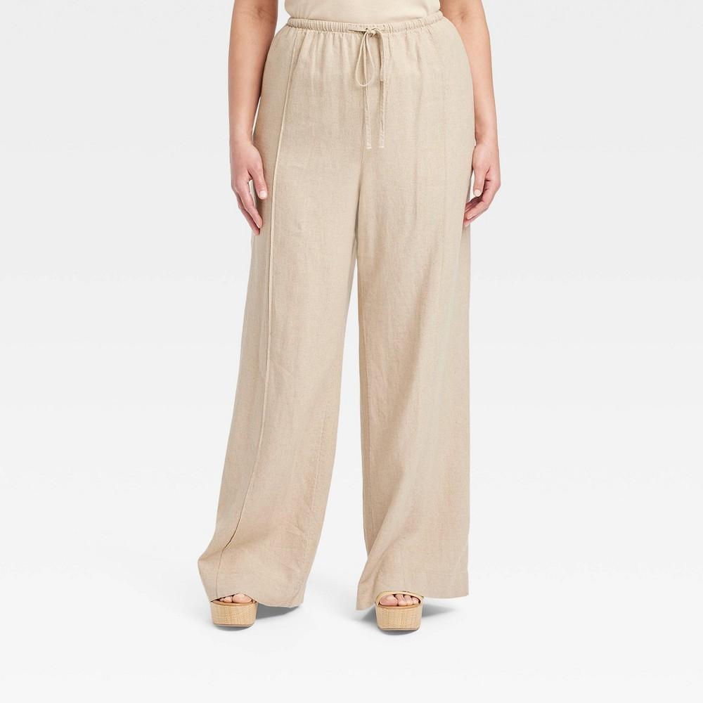 Womens High-Rise Wide Leg Linen Pull-On Pants - A New Day Tan 1X Product Image