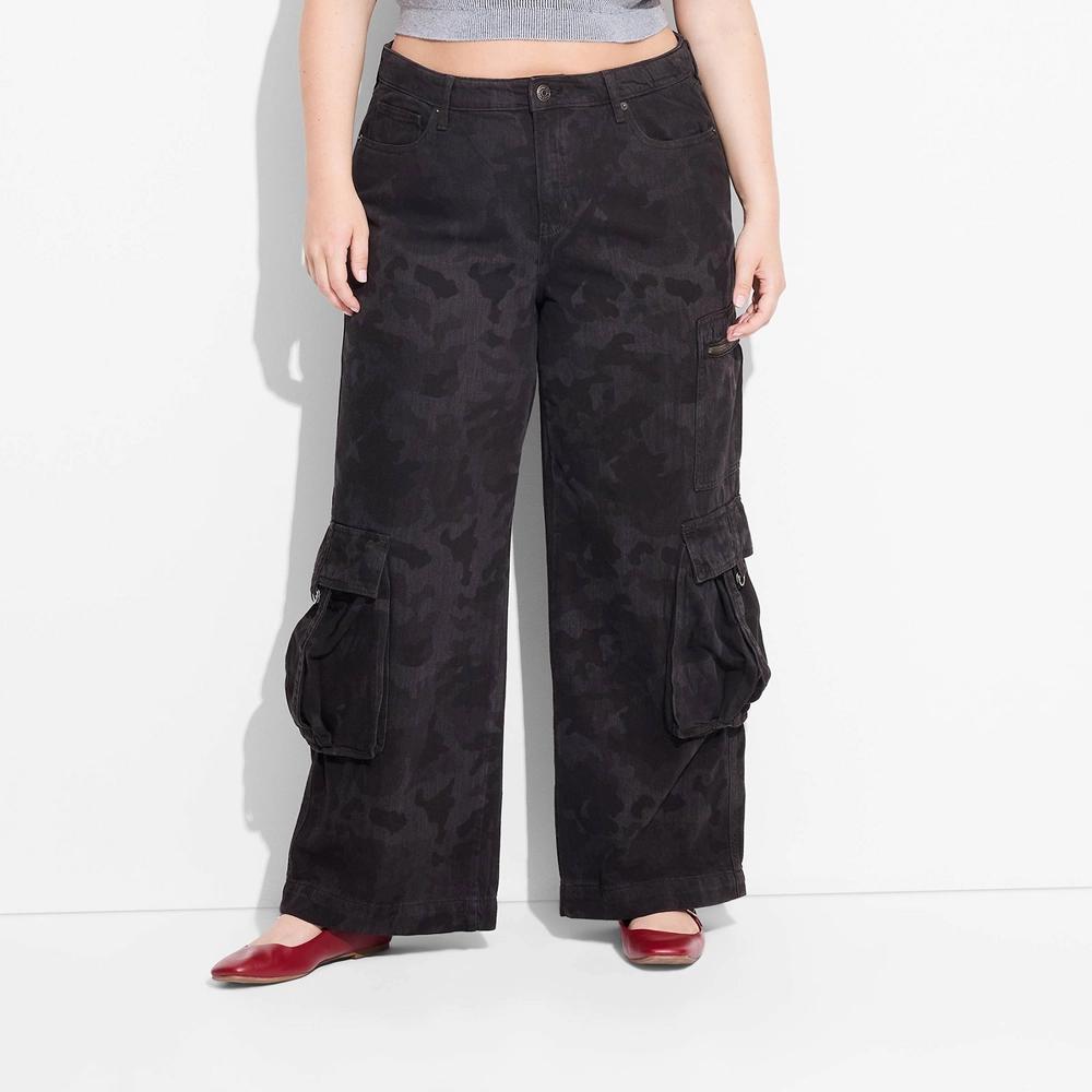 Womens Mid-Rise Wide Leg Cargo Baggy Pants - Wild Fable Black Camo 26 Product Image