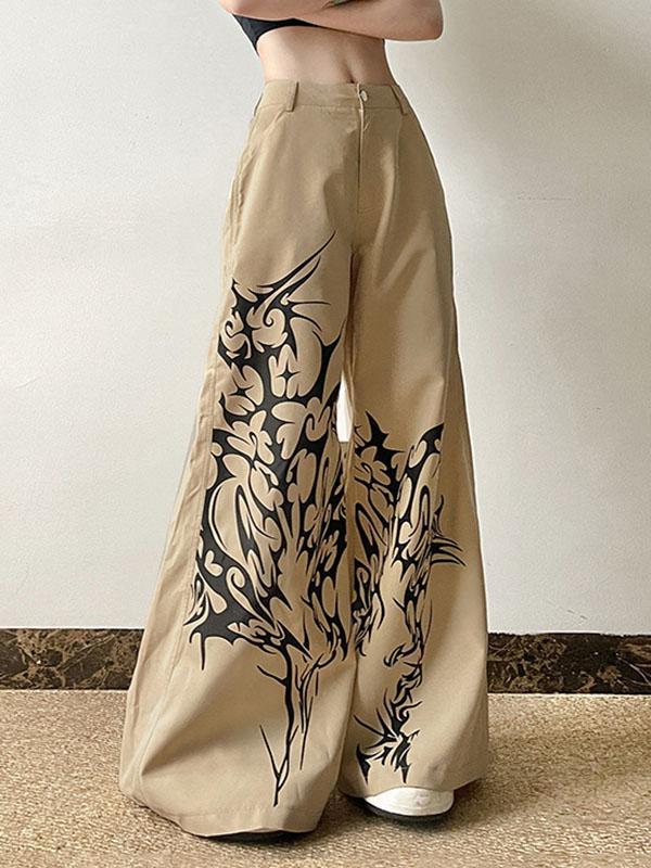 High Waisted Loose Asymmetric Printed Split-Joint Pants Trousers Product Image