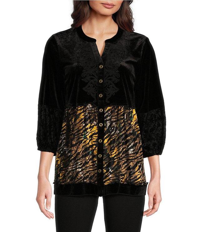 Calessa Petite Size Embroidered Velvet Tiered Patchwork Animal Print Split V-Neck 3/4 Sleeve Tunic Product Image