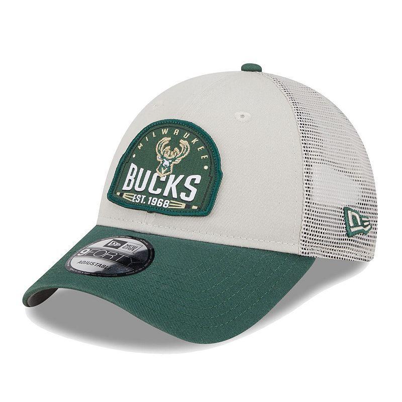 Mens New Era Khaki/Hunter Green Milwaukee Bucks Throwback Patch Trucker 9FORTY Adjustable Hat Product Image