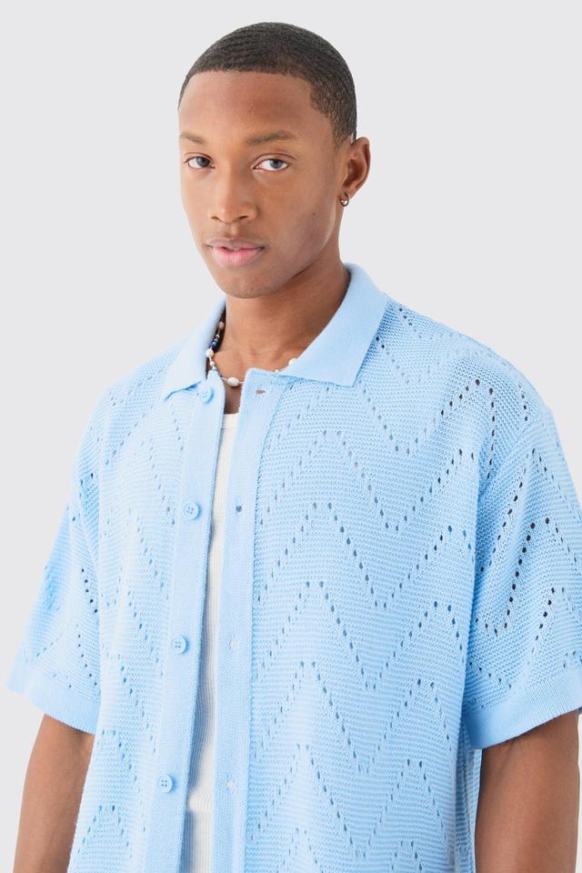 Short Sleeve Boxy Open Stitch Knitted Shirt | boohooMAN USA Product Image