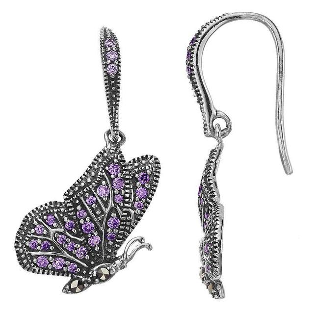 Lavish by TJM Sterling Silver Purple Cubic Zirconia & Marcasite Butterfly Earrings, Womens, Silver Tone Product Image