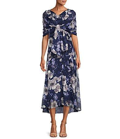 Alex Evenings Cowl Neck Burnout Floral Print Sleeveless Shift Midi Shawl Dress Product Image