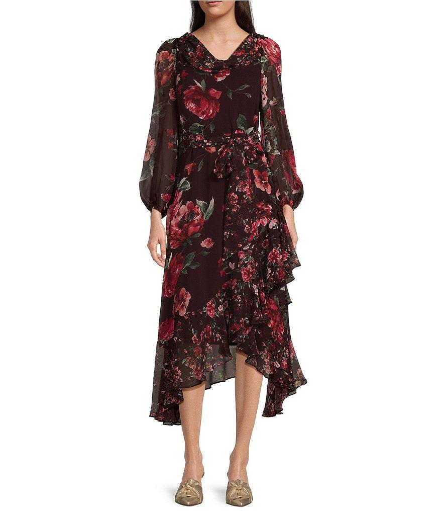 Alex Marie Birdie Chiffon Floral Print Ruch Cowl Neck Long Sleeve Tie Waist Ruffled Asymmetric Midi Flare Dress Product Image