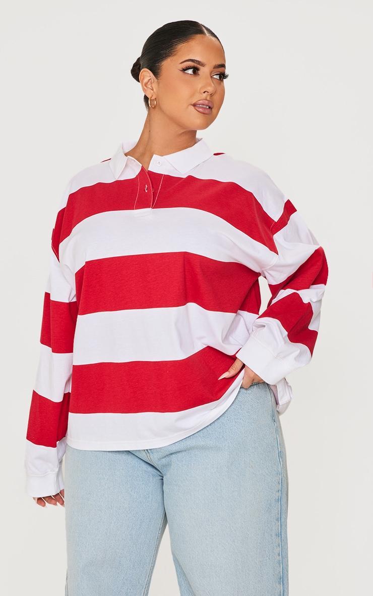 Plus Red Stripey Collared Oversized Top Product Image