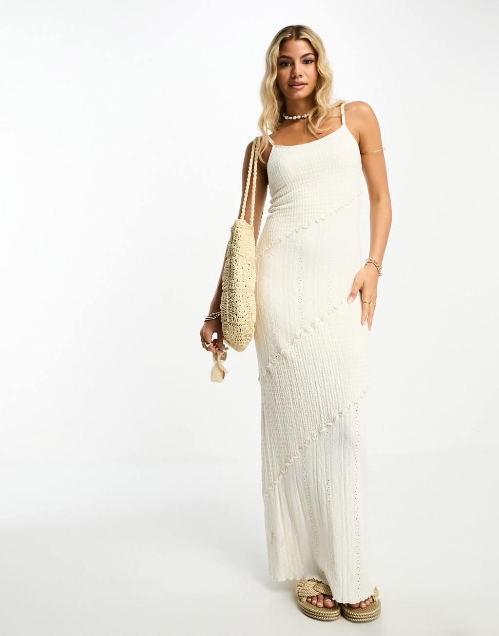 Miss Selfridge mixed textured maxi slip dress in ivory Product Image