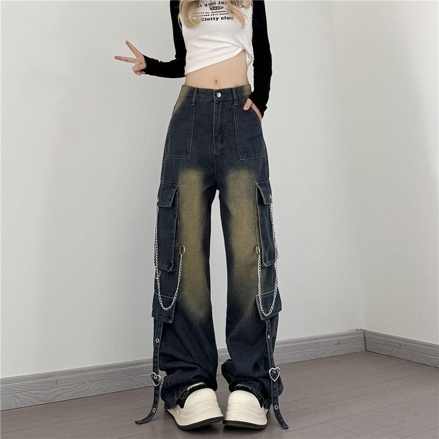 Low Rise Washed Chained Wide Leg Cargo Jeans Product Image