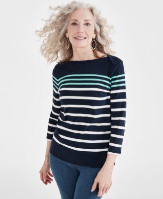 Women's Striped 3/4-Sleeve Pima Cotton Top, Created for Macy's Product Image