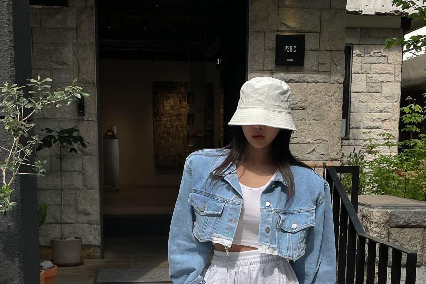 Collared Button-Up Denim Crop Jacket Product Image