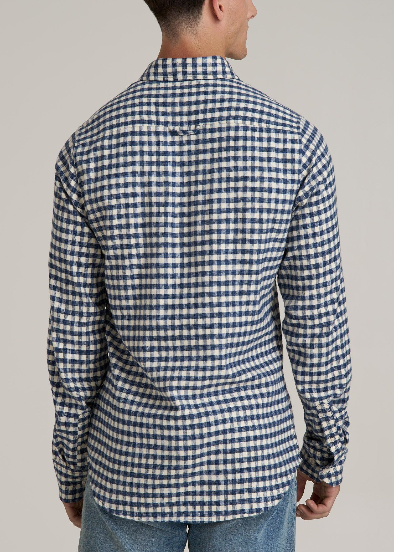 Midweight Brushed Flannel Button Shirt for Tall Men in Blue and Ecru Gingham Male Product Image