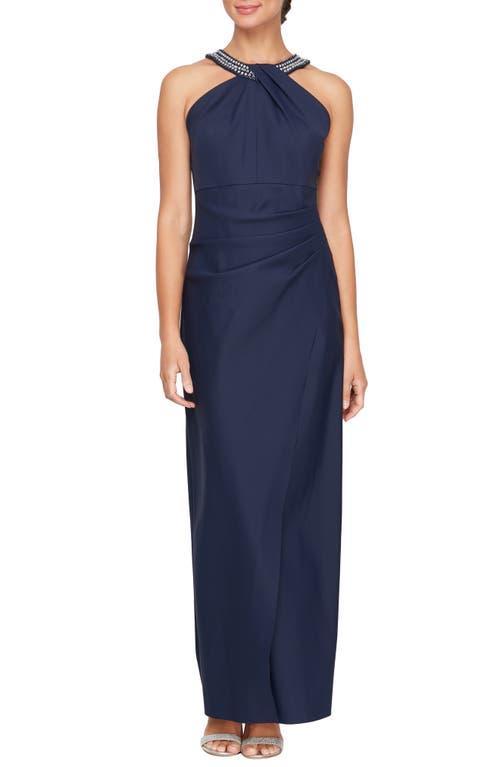 Alex Evenings Long Halter Neck Column Dress with Overlay Skirt (Navy) Women's Dress Product Image