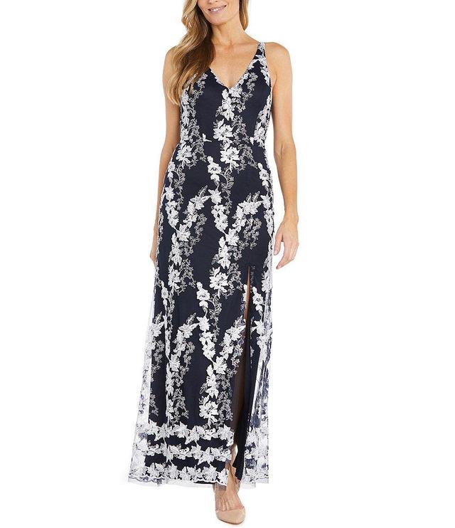 R & M Richards Floral Embroidered Sleeveless V-Neck Side Slit Dress Product Image