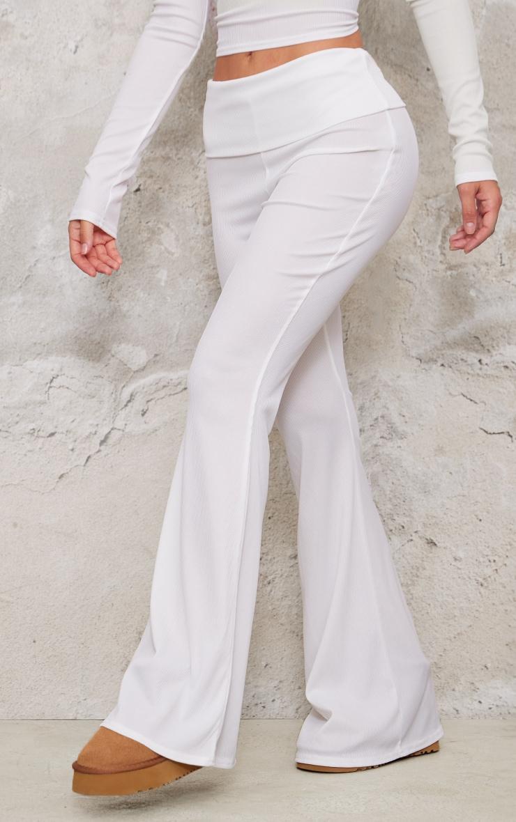 Cream Rib Foldover Low Rise Flared Trousers Product Image