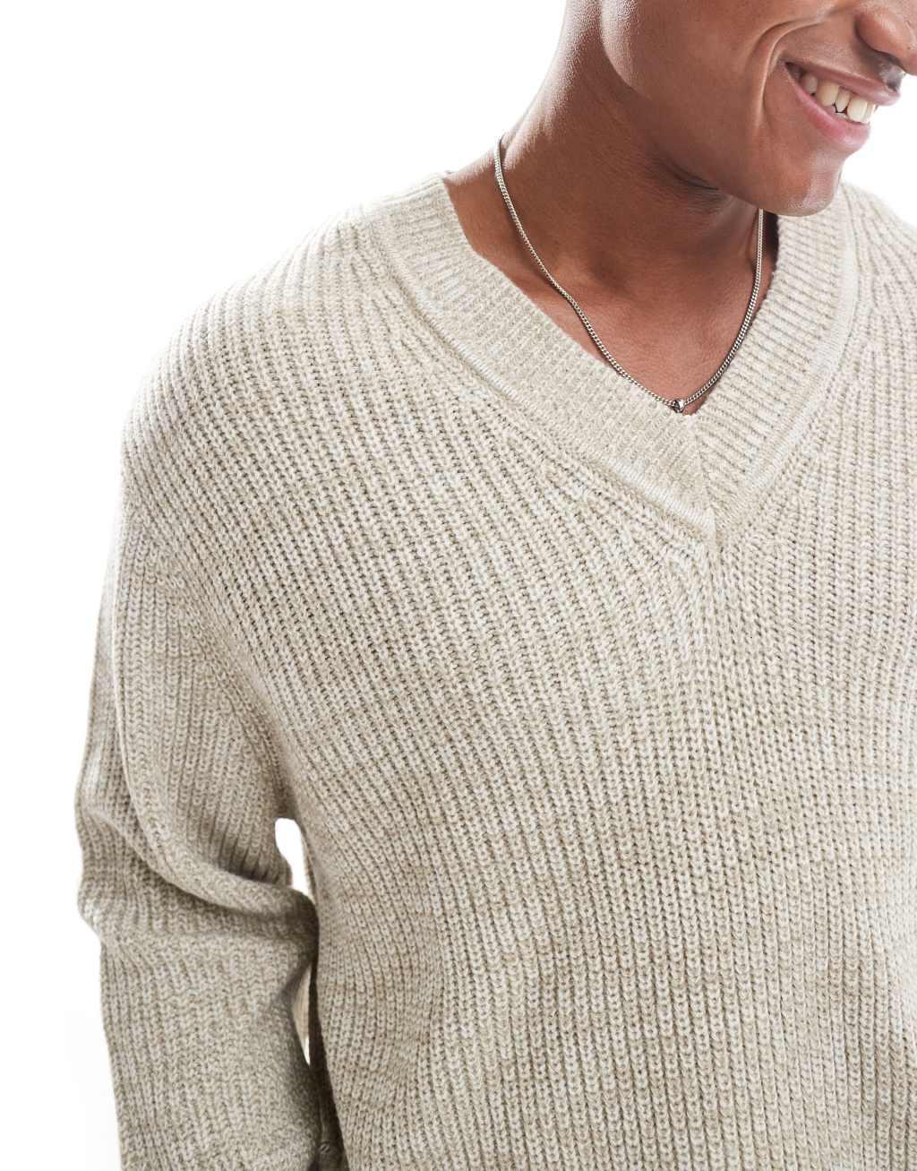 ASOS DESIGN knitted oversized fisherman rib v-neck sweater in oatmeal twist Product Image