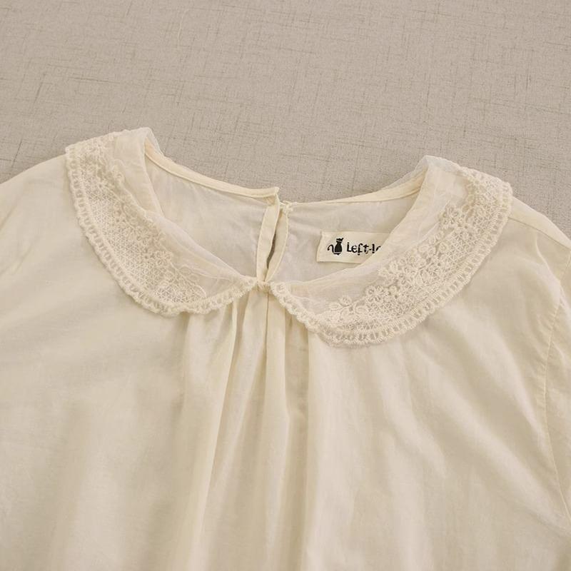 Long-Sleeve Flower Embroidered Lace Trim Blouse Product Image