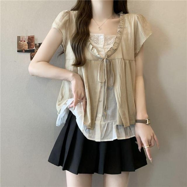 Short Sleeve Scoop Neck Mock-Two Piece Tie Front Layered Blouse Product Image