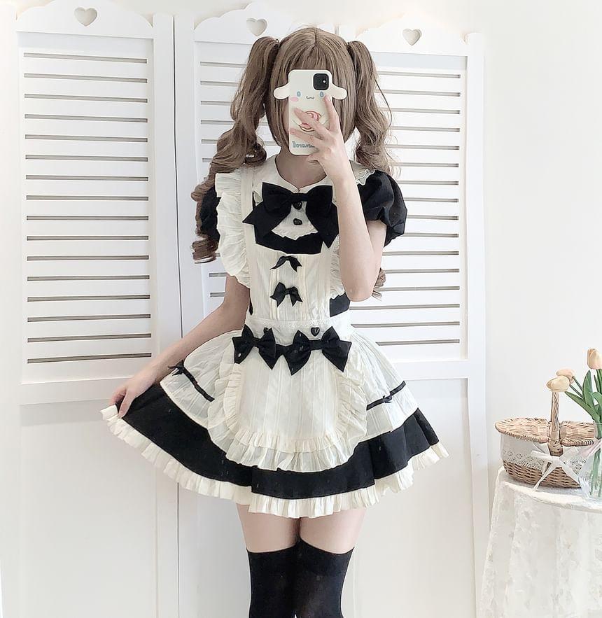 Set: Short-Sleeve Two Tone Bow Frill Trim Mini A-Line Dress + Arm Sleeves + Apron Product Image