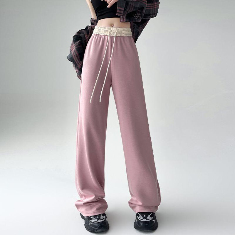 Drawstring Waist Two Tone Wide Leg Sweatpants Product Image