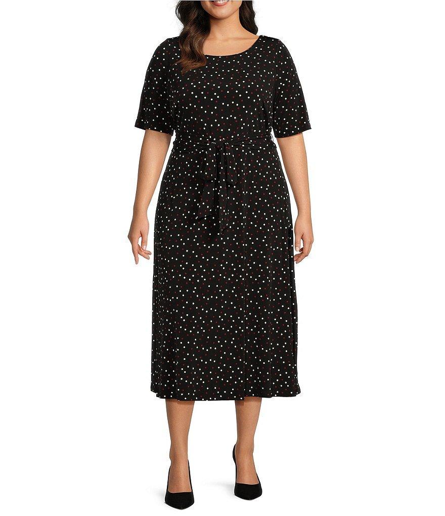 Kasper Plus Size Dotted Crew Neck Short Sleeve Tie-Waist Midi Dress Product Image