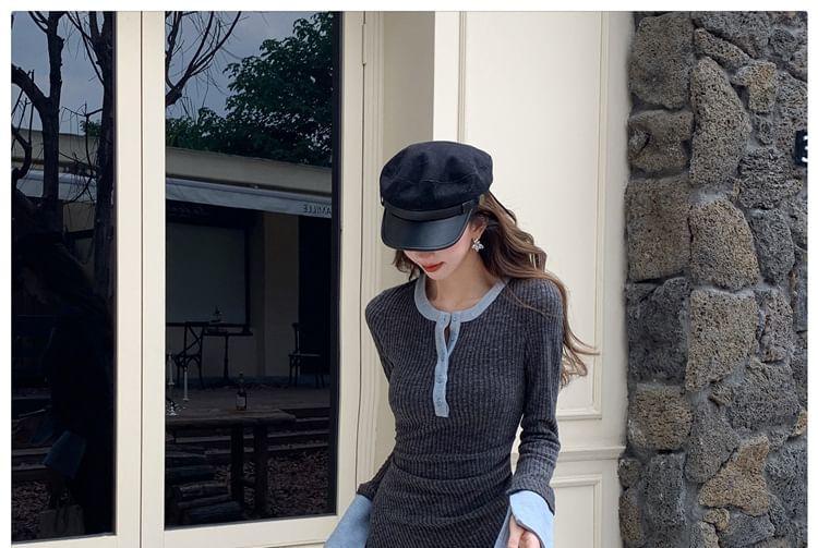 Long-Sleeve Crew Neck Contrast Trim Ruched Half-Buttoned Maxi Sheath Knit Dress Product Image