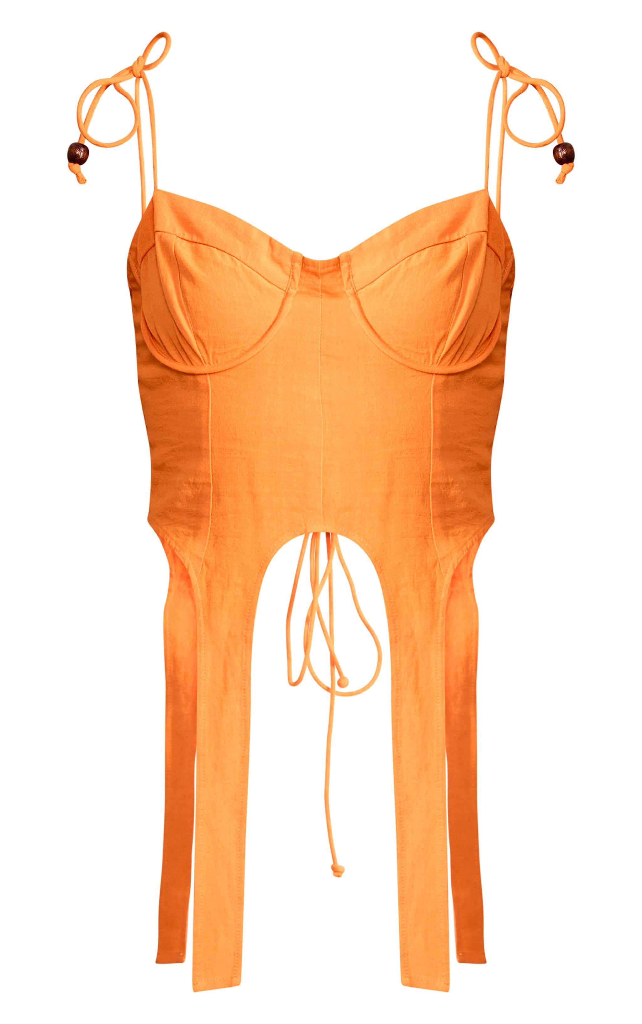 Orange Bead Detail Lace Up Back Linen Look Top Product Image