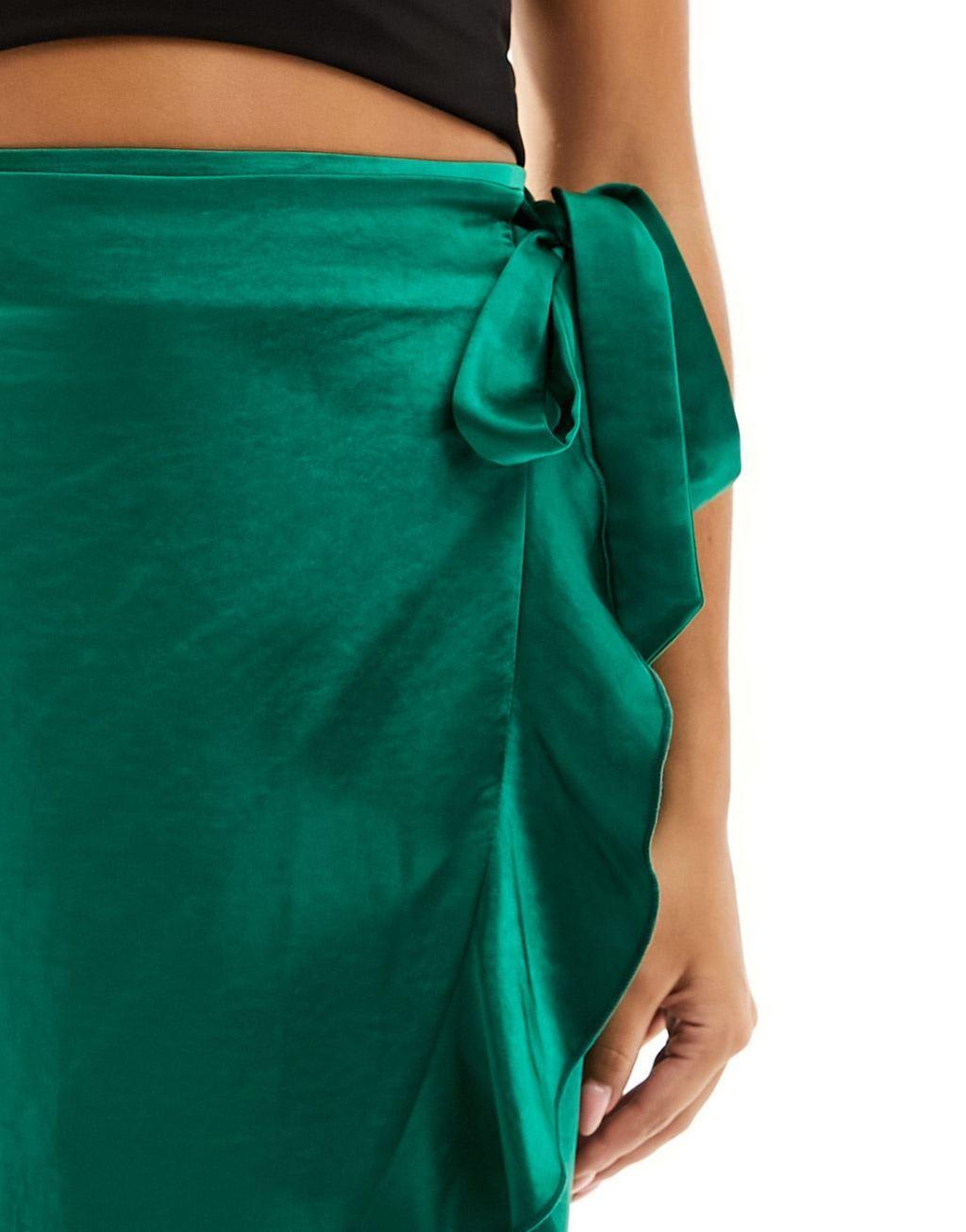 Flounce London satin wrap midaxi skirt in emerald green Product Image